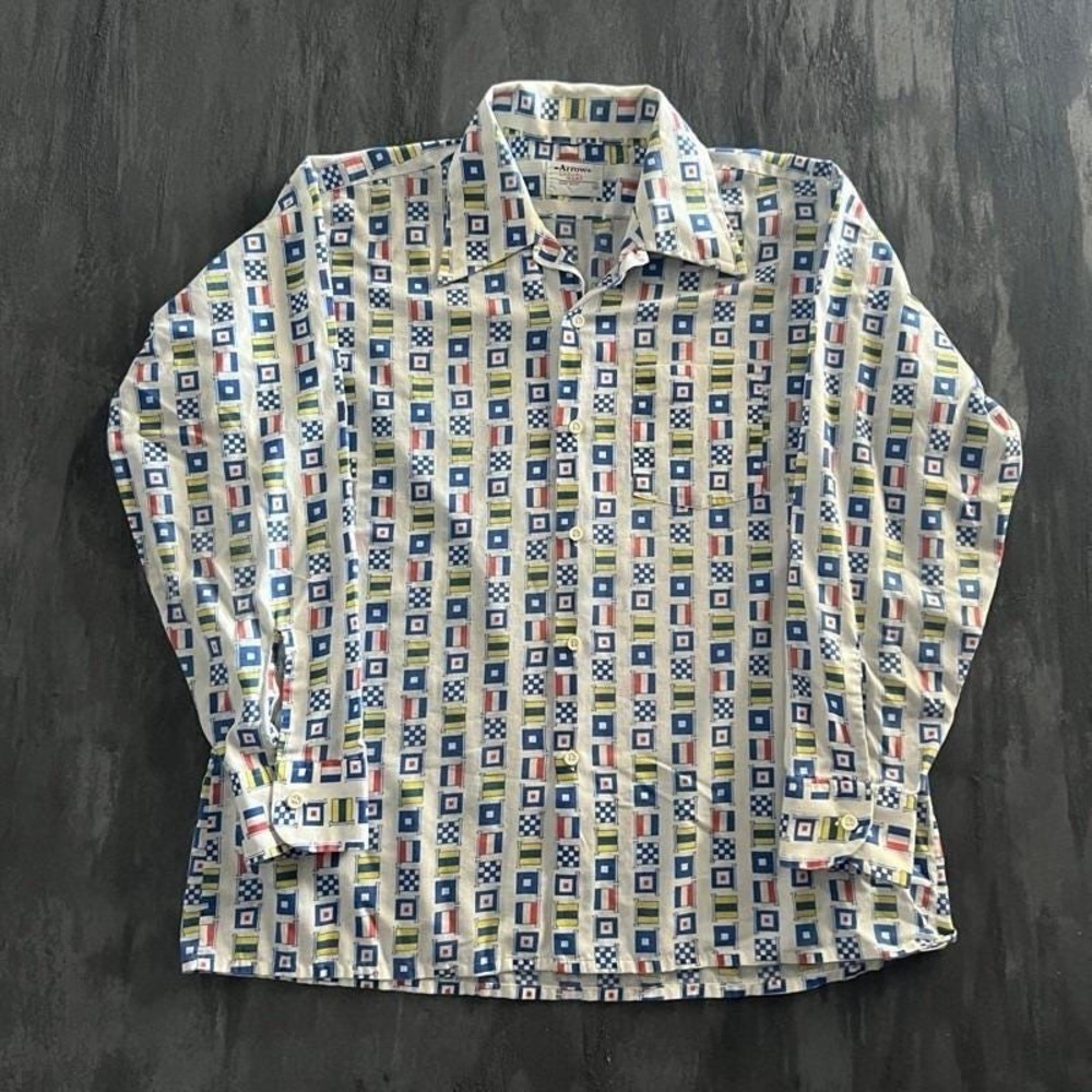 Vintage Arrow Button Up Shirt Mens XL White 1970s Sailing Flag